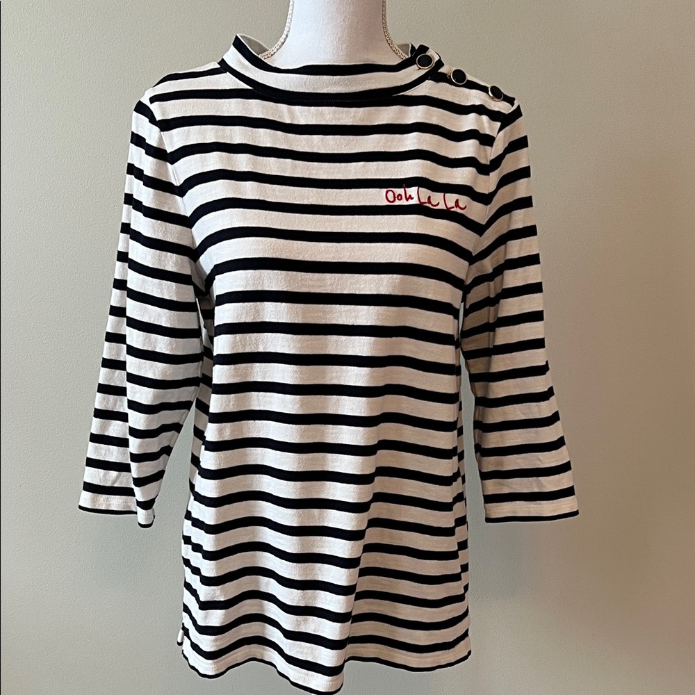 Ooh La La Talbots Navy and White Striped 3/4 Sleeve Top
